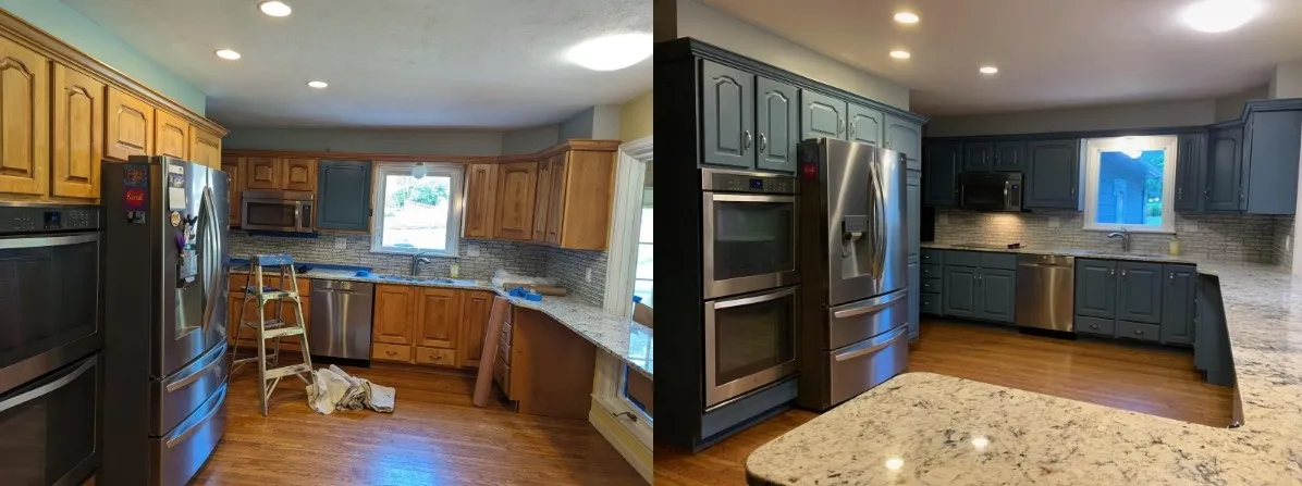 Kitchen cabinet refinishing in Ottawa - before and after transformation with white and dark painted cabinets, marble countertop, and backsplash upgrade